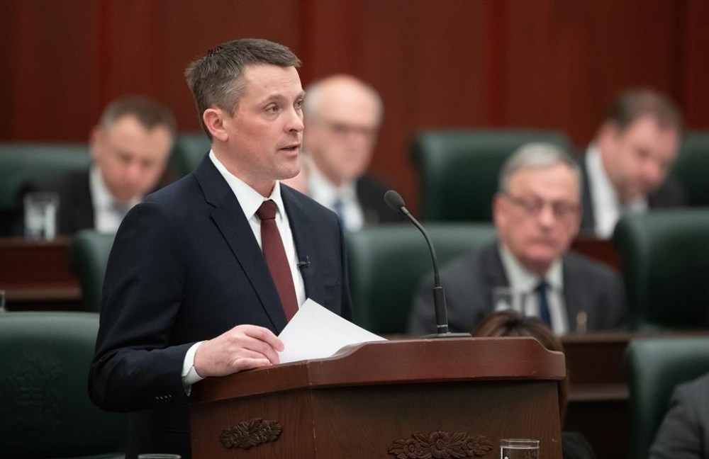 Alberta Finance Minister Nate Horner delivers the 2024 budget in Edmonton, Thursday, Feb. 29, 2024. THE CANADIAN PRESS/Jason Franson