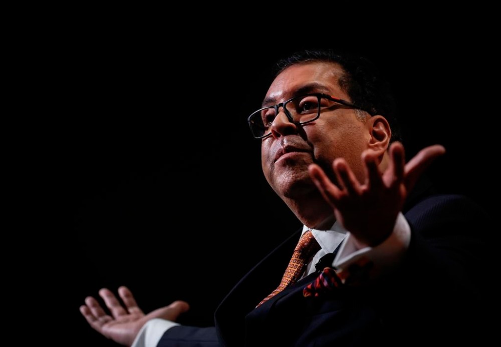 Naheed Nenshi delivers his acceptance speech after being named the new leader of the Alberta NDP in Calgary, Saturday, June 22, 2024. THE CANADIAN PRESS/Jeff McIntosh