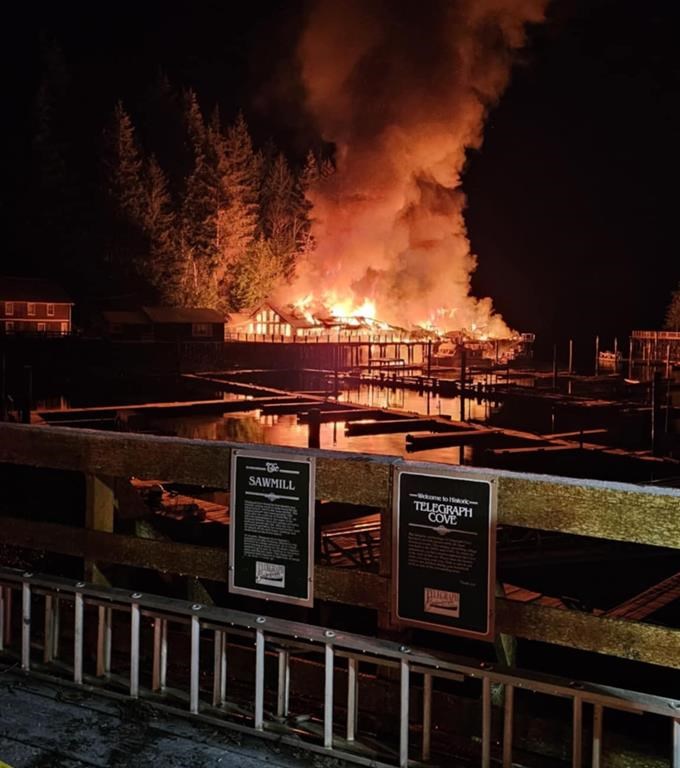 Fire crews on Vancouver Island, British Columbia, are warning residents to stay away from the community of Telegraph Cove after a major fire broke out in the area Tuesday morning. THE CANADIAN PRESS/HO-Port McNeill Fire Rescue **MANDATORY CREDIT**