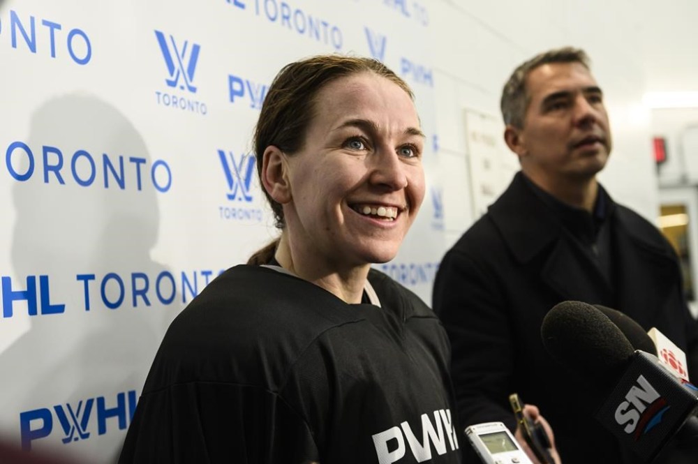 Jocelyne Larocque speaks to media following practice during the Professional Women's Hockey League’s training camp in Toronto, Friday, Nov., 17, 2023. THE CANADIAN PRESS/Christopher Katsarov