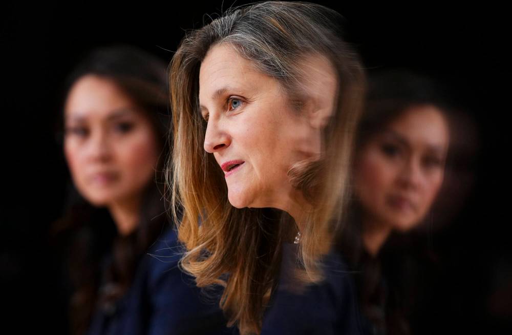 Deputy Prime Minister and Minister of Finance Chrystia Freeland and and Minister of Small Business Rechie Valdez hold a press conference at the National Press Theatre in Ottawa on Nov. 25. Peter McKenna writes that Freeland seems to be leaning toward cutting Mexico out to pursue a bilateral trade deal with the U.S. instead, but why alienate a potential ally? (The Canadian Press)