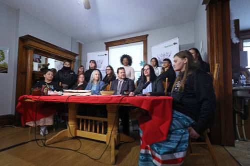 Megan McKenzie, lead research for the Brandon Neighbourhood Renewal Corporation’s Action Research on Chronic Homelessness speaks during a press conference where Housing Minister Nahanni Fontaine announced $500,000 for a new safe house in Brandon. (Matt Goerzen/The Brandon Sun)