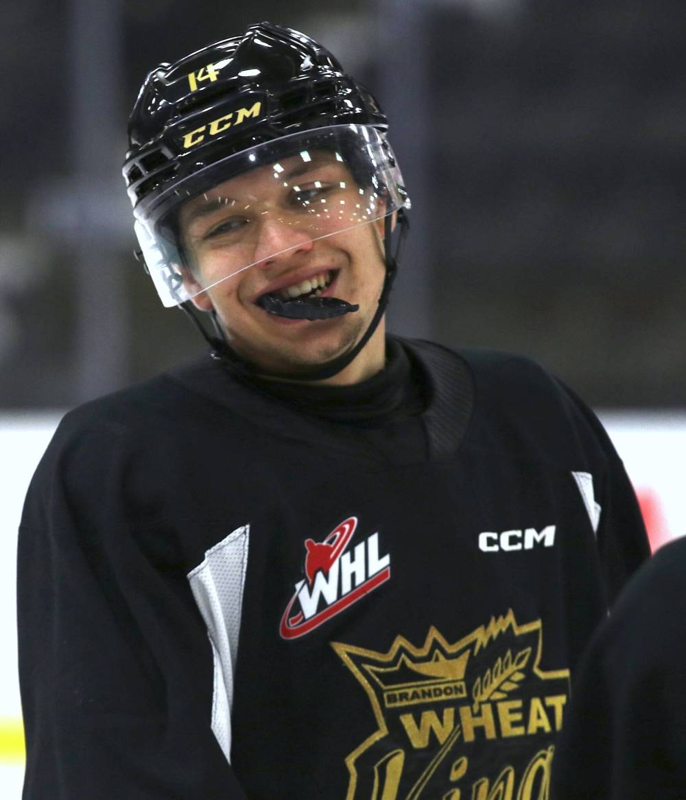 Slovakian defenceman Adam Belusko smiles at a Brandon Wheat Kings practice earlier this season. The 18-year-old, who has also played forward for Brandon this season, is trying to earn a spot with his national team for the world junior championship. (Perry Bergson/The Brandon Sun)