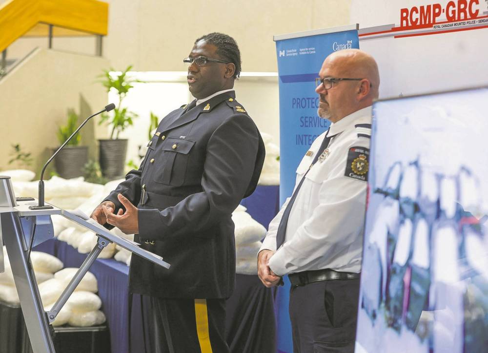 Ken McGregor (right), CBSA’s chief of operations for Southern Manitoba District, is seen standing beside RCMP Insp. Joe Telus at a news conference held in Winnipeg in January 2024. They were answering questions about the largest bust and seizure of illegal narcotics ever seen on the Prairies, at Boissevain’s 24-hour border crossing. (File)