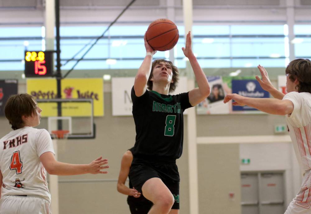 Martin Monarchs guard Zack Zaiser shoots against the Yorkton Raiders during their Brandon Sun Spartan Invitational basketball tournament Pool A game at the Healthy Living Centre on Friday morning. (Thomas Friesen/The Brandon Sun)