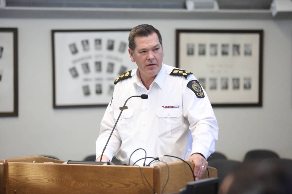 Brandon Police Service Chief Tyler Bates speaks before the Brandon Police Board on Friday to give an update on the force.