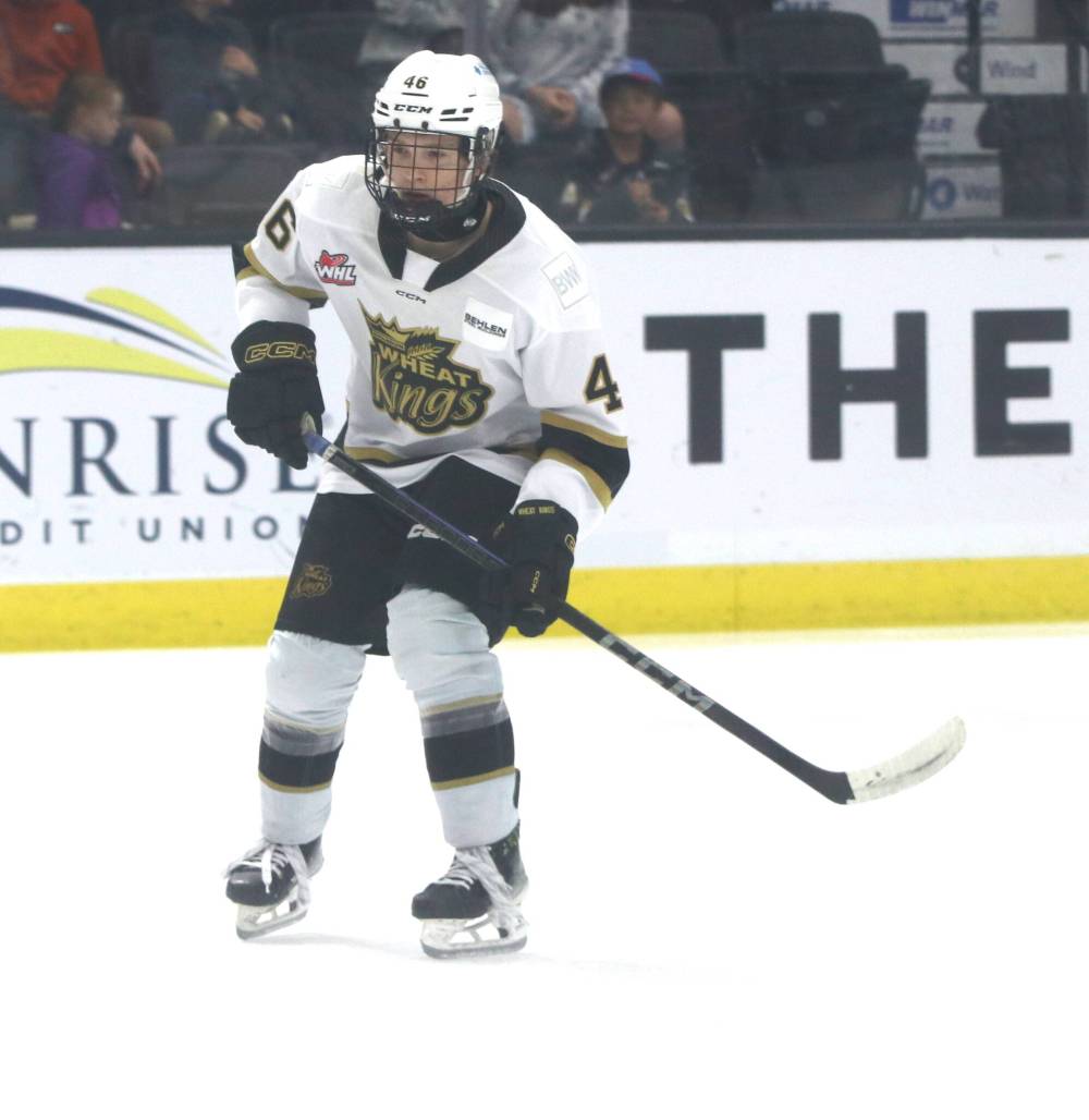 Chase Surkan, who the Brandon Wheat Kings took with their top pick in the 2024 Western Hockey League draft, has already played a pair of games with the club. He is shown during his debut against the Seattle Thunderbirds on Oct. 18. (Perry Bergson/The Brandon Sun)