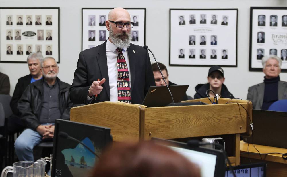 Shawn Wood, executive director of Construction Association of Rural Manitoba (CARM) speaks to Brandon City Councillors during a public hearing Monday evening in council chambers. Wood and others spoke about their concerns regarding proposed changes to a city bylaw that would result in Development Cost Charges (DCCs) being raised sharply. (Michele McDougall/The Brandon Sun)