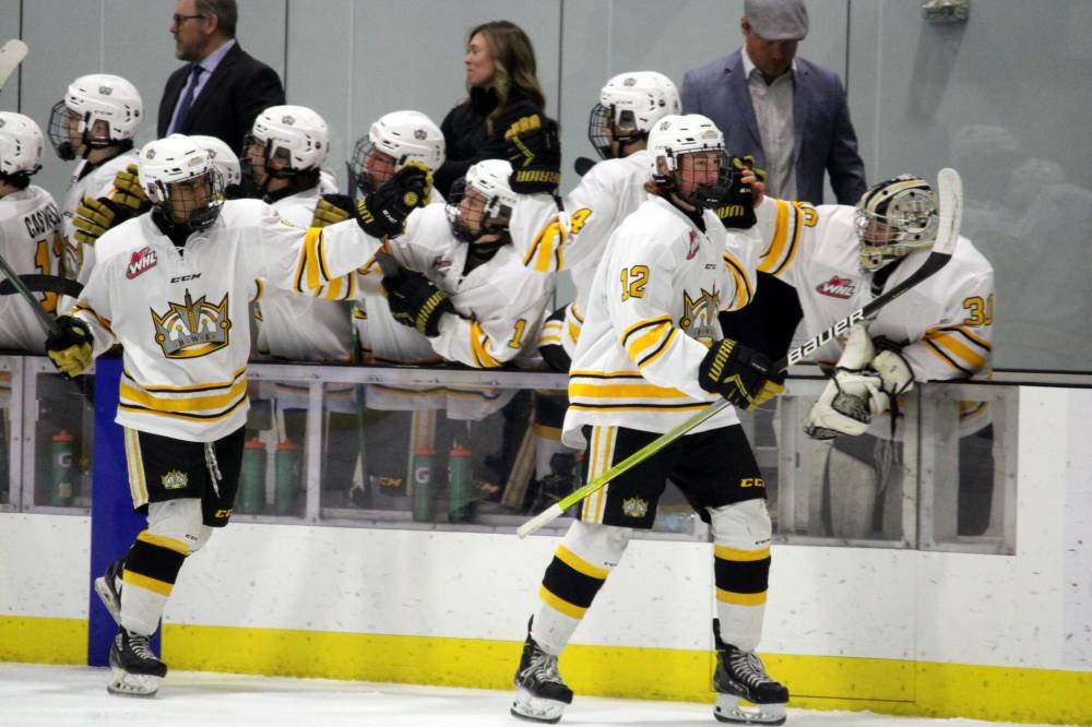 Cole Slobodian (12) celebrates after scoring a goal for the Brandon Wheat Kings during the Manitoba U18 AAA Hockey League playoffs in 2022. He said the coaching staff helped his game to develop. (Brandon Sun file photo)