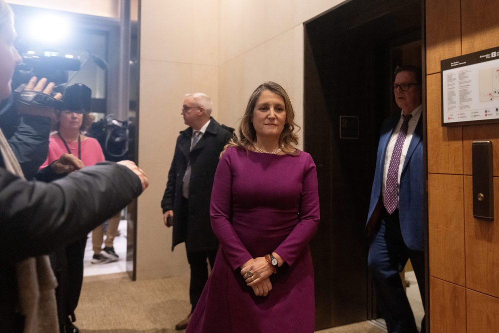 Chrystia Freeland, who stepped down as finance minister and deputy prime minister, arrives for a national caucus meeting in Ottawa on Monday. (The Canadian Press)