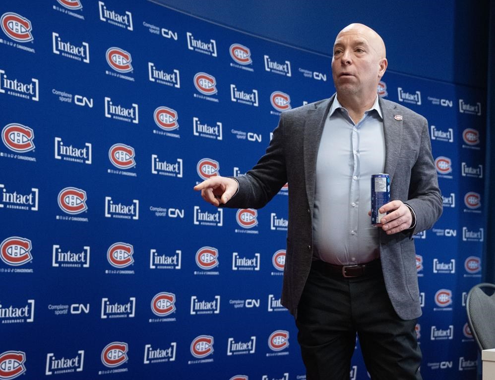 Montreal Canadiens General Manager Kent Hughes leaves after giving his mid-season update at a press conference in Brossard, Que., Wednesday, Jan. 8, 2025. THE CANADIAN PRESS/Ryan Remiorz