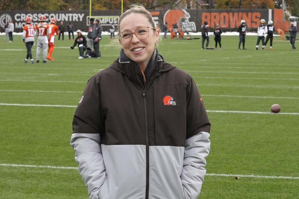 FILE - Catherine Hickman, assistant GM & vice president of football operations for the Cleveland Browns, is pictured during an interview at an NFL football practice, Thursday, Nov. 2, 2023, in Berea, Ohio. (AP Photo/Sue Ogrocki, File)