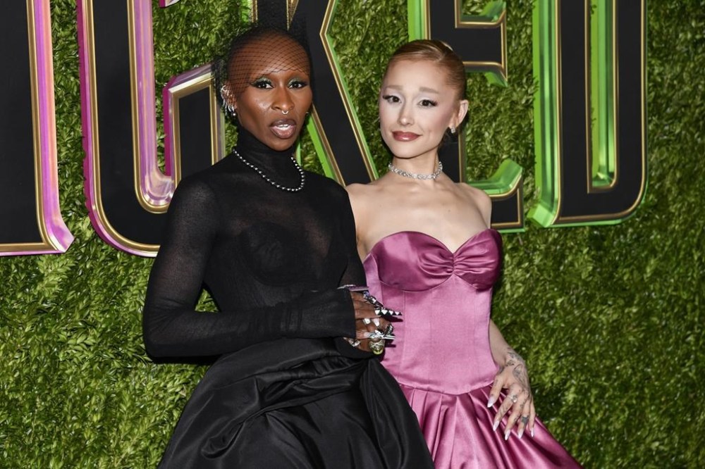 FILE - Cynthia Erivo, left, and Ariana Grande attend the premiere of