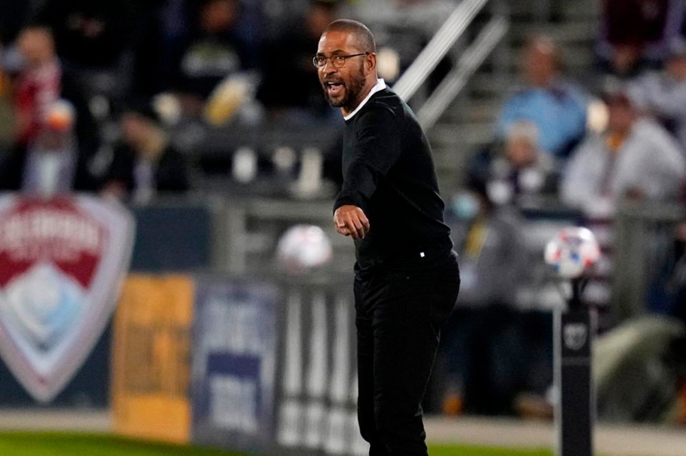 Colorado Rapids coach Robin Fraser reacts to a call during MLS soccer action against the Seattle Sounders on Wednesday, Oct. 20, 2021, in Commerce City, Colo. THE CANADIAN PRESS/AP/Jack Dempsey