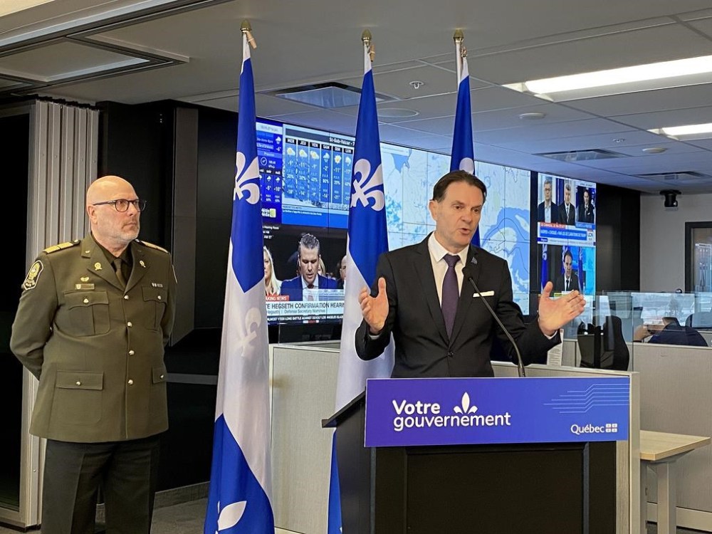 Quebec Public Security Minister François Bonnardel holds a news conference about the border, in Quebec City, Tuesday, Jan. 14, 2025. LA PRESSE CANADIENNE/Caroline Plante