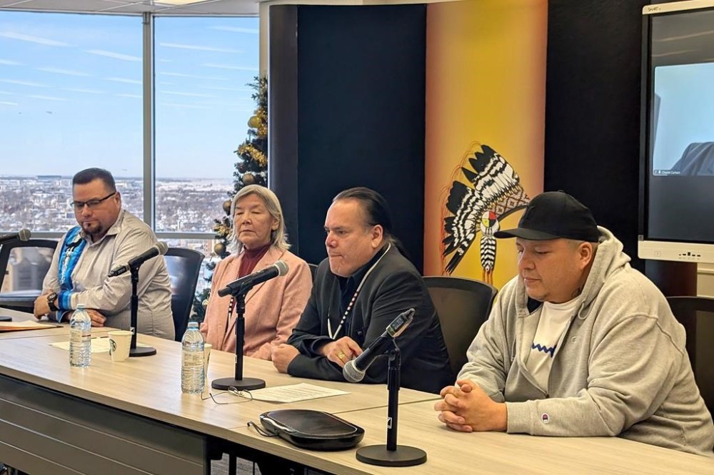 Assembly of First Nations Manitoba Regional Chief Willie Moore, left to right, Assembly of Manitoba Chiefs acting Grand Chief Betsy Kennedy, Manitoba Keewatinowi Okimakanak Grand Chief Garrison Settee and Justin Flett take part in a press conference in Winnipeg, Tuesday, Jan. 14, 2025. The group says systemic discrimination within the healthcare system continues to be a prevalent issue after Flett, a Cree man, filed a lawsuit against two Manitoba health authorities alleging he did not receive timely medical care for acute appendicitis and was accused of nursing a hangover. THE CANADIAN PRESS/Brittany Hobson, *MANDATORY CREDIT*