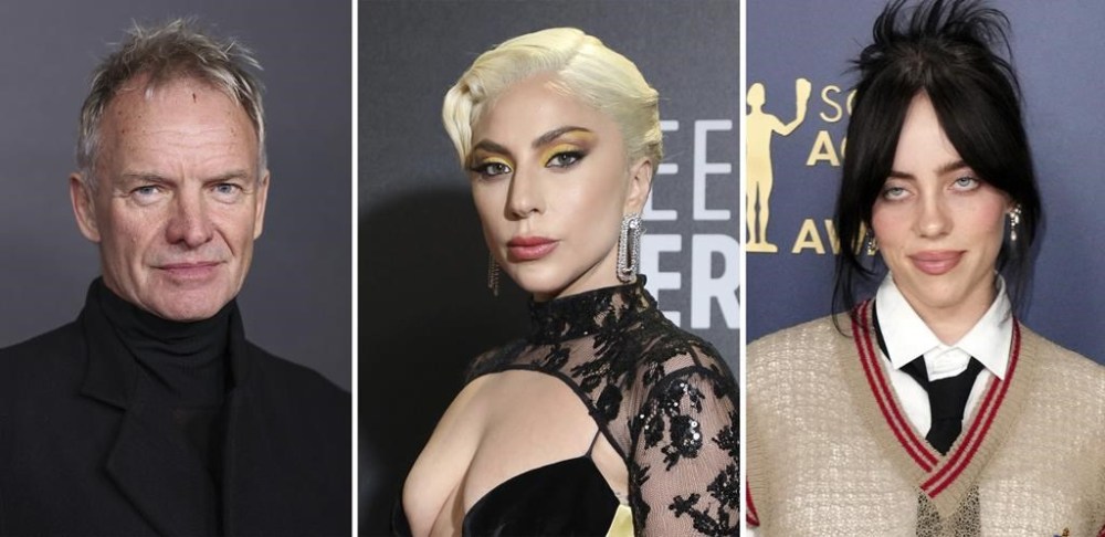 This combination of photos shows Sting, from left posing for photographers upon arrival for the premiere of the film 'Emancipation' in London, Friday, Dec. 2, 2022, Lady Gaga attending the Critics Choice Awards celebration at The Savoy Hotel on Sunday, March 13, 2022, in London, and Billie Eilish arriving at the 30th annual Screen Actors Guild Awards on Saturday, Feb. 24, 2024 in Los Angeles. (Photos by Vianney Le Caer/Jordan Strauss/Invision/AP)