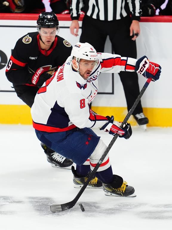 Washington Capitals' Alex Ovechkin (8) protects the puck from Ottawa Senators' Josh Norris (9) during second period NHL hockey action in Ottawa on Thursday, January 16, 2025. THE CANADIAN PRESS/Sean Kilpatrick