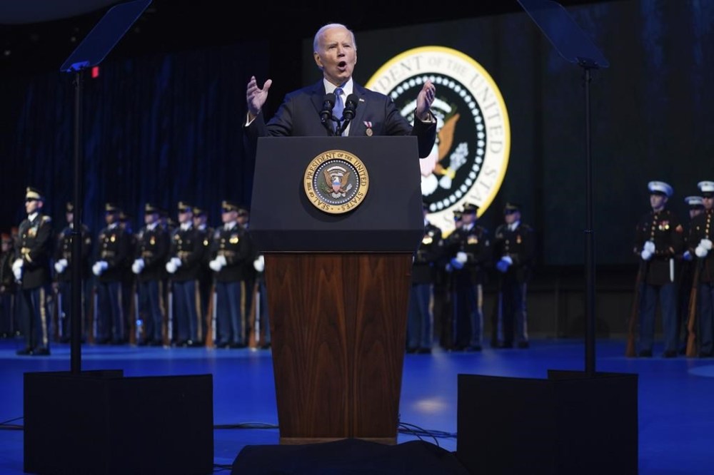 President Joe Biden speaks during a Department of Defense Commander in Chief farewell ceremony at Joint Base Myer-Henderson Hall, Thursday, Jan. 16, 2025, in Arlington, Va. (AP Photo/Evan Vucci)