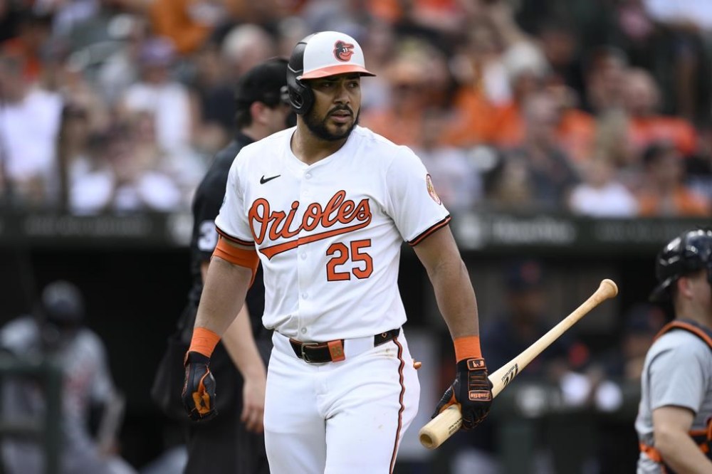 Baltimore Orioles' Anthony Santander walks back to the dugout after he struck out during the seventh inning of a baseball game against the Detroit Tigers, Sunday, Sept. 22, 2024, in Baltimore. The Toronto Blue Jays are adding a big-name free-agent slugger to their lineup. A team source tells The Canadian Press the club has agreed to terms with Santander once a contract and a physical has been completed.THE CANADIAN PRESS/AP/Nick Wass