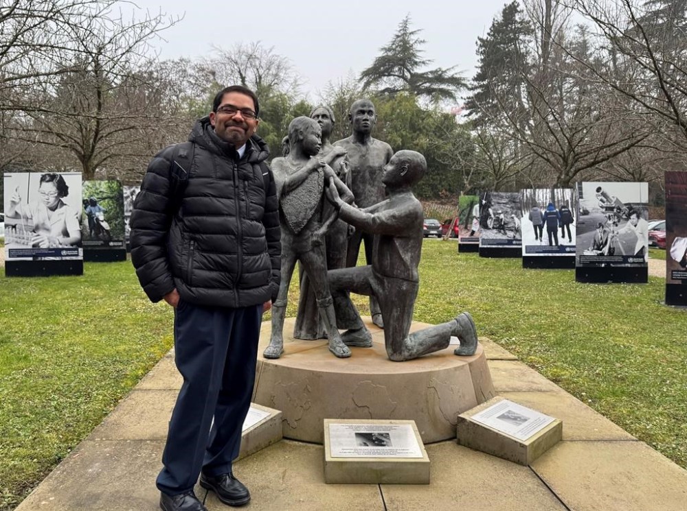 Dr. Madhukar Pai, Canada Research Chair in Epidemiology and Global Health, poses in front of a statue in Geneva, where he is attending WHO meetings this week. THE CANADIAN PRESS/HO-Dr. Madhukar Pai **MANDATORY CREDIT**