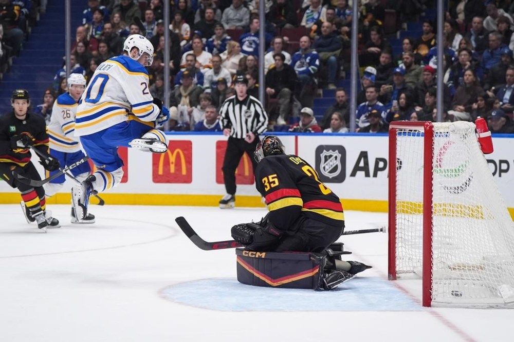 Buffalo Sabres' Jiri Kulich (20) jumps to avoid the puck as JJ Peterka, not seen, scores against Vancouver Canucks goalie Thatcher Demko (35) during the third period of an NHL hockey game in Vancouver, on Tuesday, January 21, 2025. THE CANADIAN PRESS/Darryl Dyck