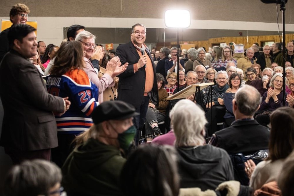 NDP Leader Naheed Nenshi speaks after being acclaimed as the party's candidate for Edmonton-Strathcona in Edmonton, on Wednesday, January 22, 2025. THE CANADIAN PRESS/Jason Franson