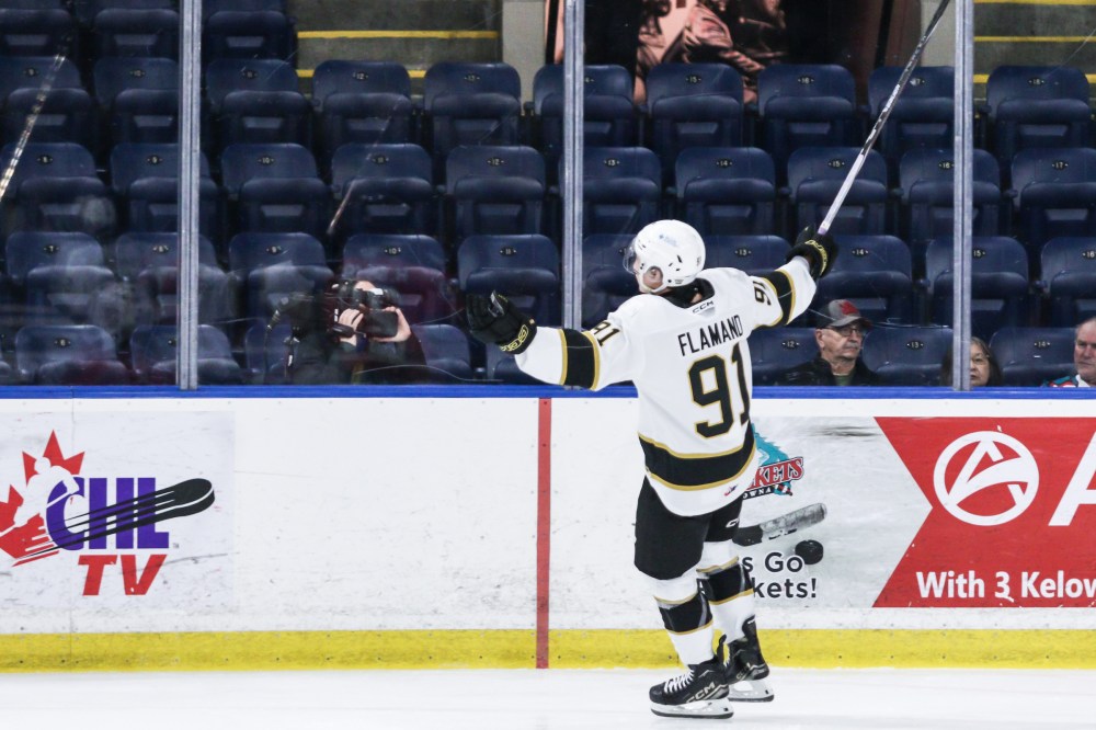 Brandon Wheat Kings forward Nolan Flamand celebrates scoring against his former club as the Wheat Kings beat the Kelowna Rockets 7-3 in Western Hockey League action at Prospera Place on Tuesday. (Steve Dunsmoor/Kelowna Rockets)
Jan. 21, 2025