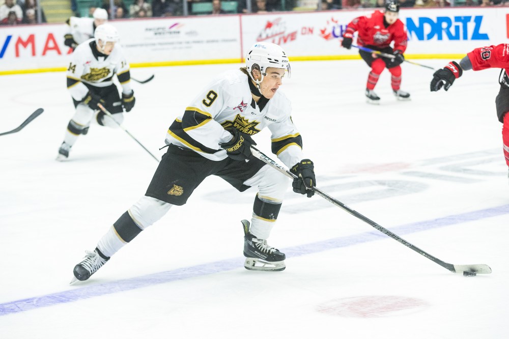 Brandon Wheat Kings forward Jaxon Jacobson (9) skates with the puck during his team's 3-2 loss to the Prince George Cougars in Western Hockey League action at CN Centre on Friday. Jacobson had a goal in the game (James Doyle/Prince George Cougars)
Jan. 22, 2025