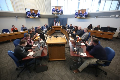 Brandon city councillors debate around the council table during the 2025 budget deliberations. (Matt Goerzen/The Brandon Sun files)