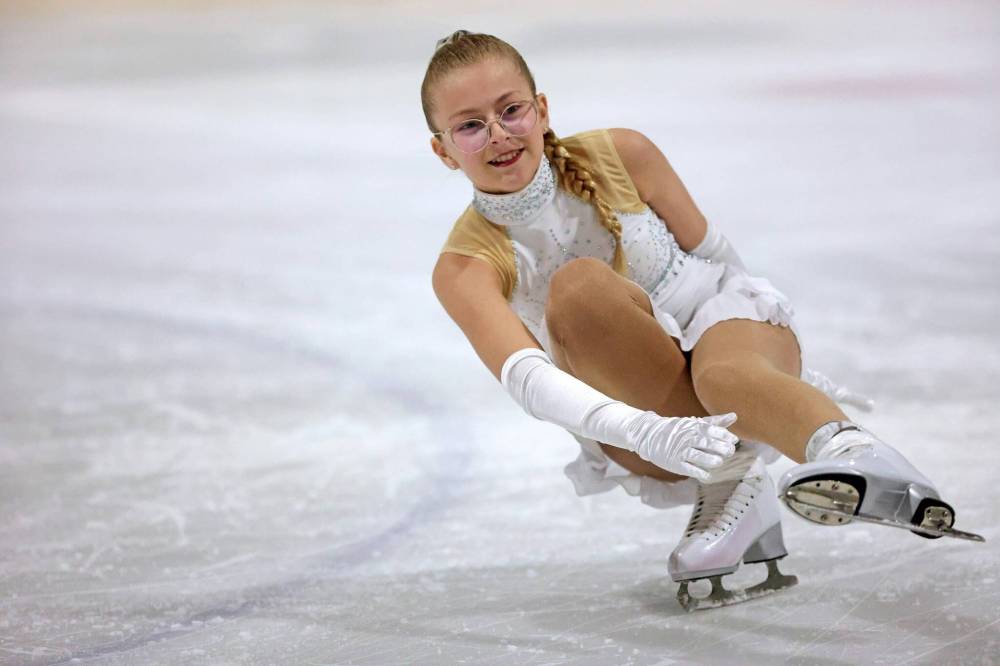 Teagan Guenther glides backwards on a single skate to the Disney song “Everybody Wants To Be A Cat” during her season-sending Skate Brandon performance at the Flynn Arena in March.