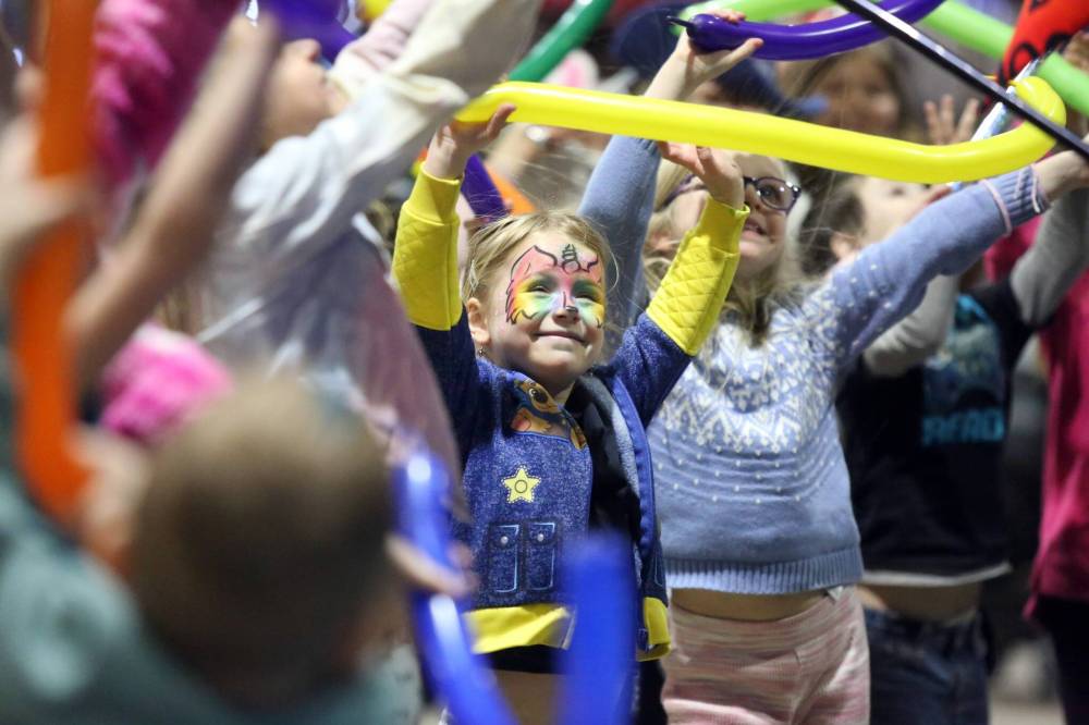 Paxton McMillan from Brandon is all smiles during the Doodles the Clown show in the Royal Food Court during the second day of the Royal Manitoba Winter Fair in March.