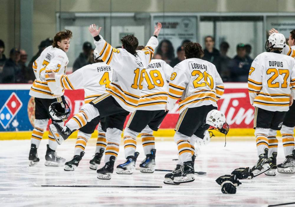 Brady Turko (7) of the Brandon Wheat Kings celebrates scoring the winning overtime goal against the Saskatoon Blazers in the Western Regional hockey championship game in Winnipeg on April 7, 2024. (John Woods/Winnipeg Free Press)