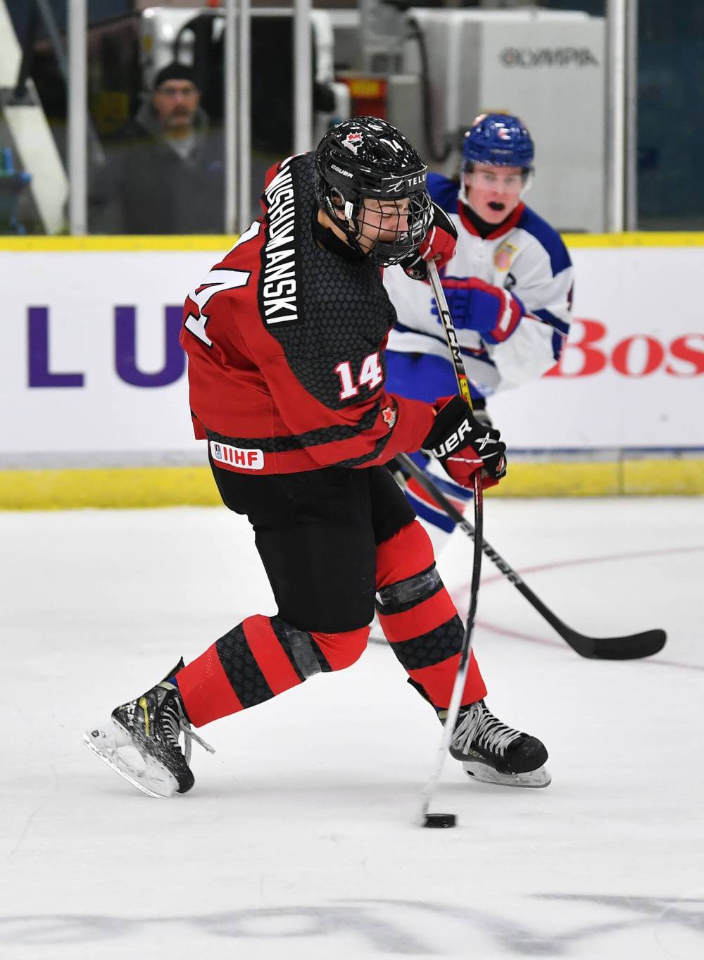 Canada West forward Dru Mushumanski of Rossburn takes a shot against the United States during a 9-0 loss on Dec. 12. (Andy Devlin/Hockey Canada Images)