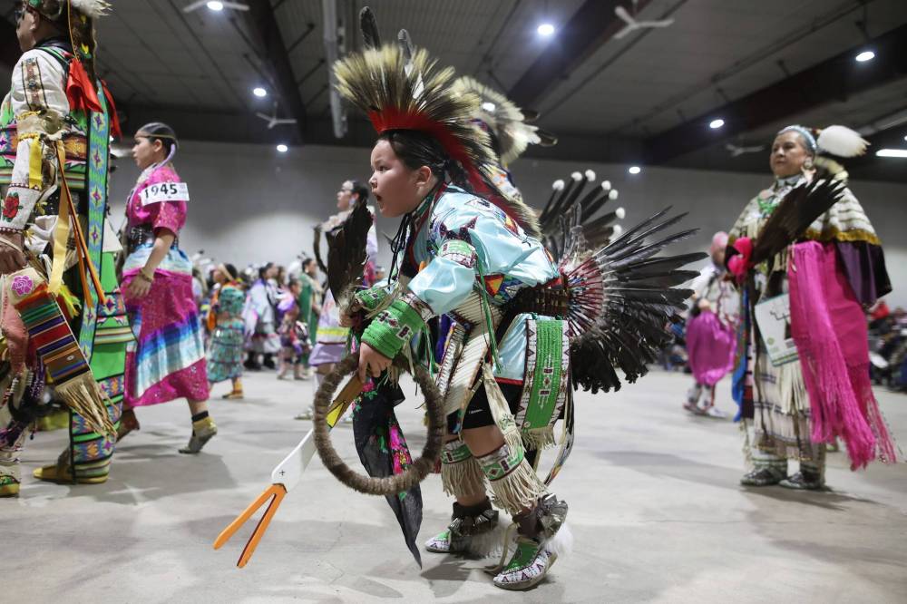 Dancers take part in a powwow during last year’s Dakota Nation Winterfest at the Keystone Centre. This year’s Dakota Nation Winterfest celebration takes place at the Keystone Centre Jan. 30 through Feb. 2. (File)