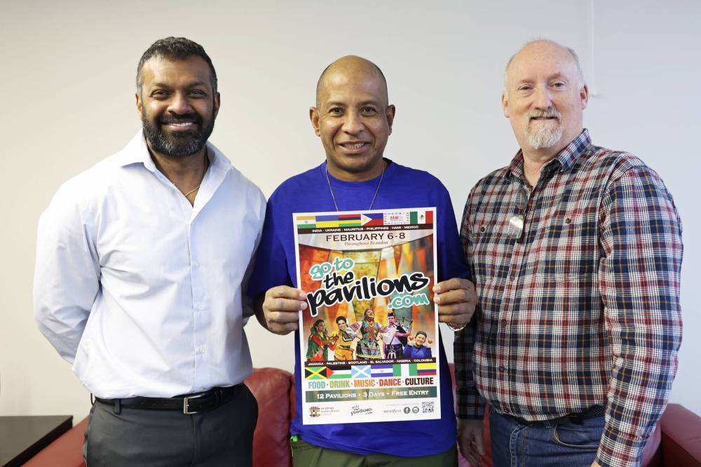 Secretary Gautam Srivastava, vice-chair Kerselin Fumier and treasurer Sandy Donald with the Westman Multicultural Festival, which runs from Feb. 6-8 in Brandon. The festival will feature 12 pavilions. (Tim Smith/The Brandon Sun)
