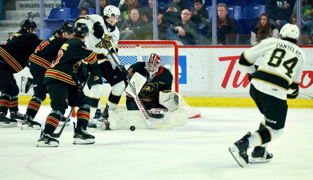 Vancouver Giants goalie Burke Hood of Brandon makes one of his 31 saves against the Brandon Wheat Kings as Wheat Kings forward Carter Klippenstein (19) looks for the puck with Giants Colton Roberts (6), Ryan Lin (4) and Jakob Oreskovic (20) after a shot by Gio Pantelas (84) during Western Hockey League action at Langley Events Centre on Sunday afternoon. The Giants won 3-1. (Rob Wilton/Vancouver Giants)