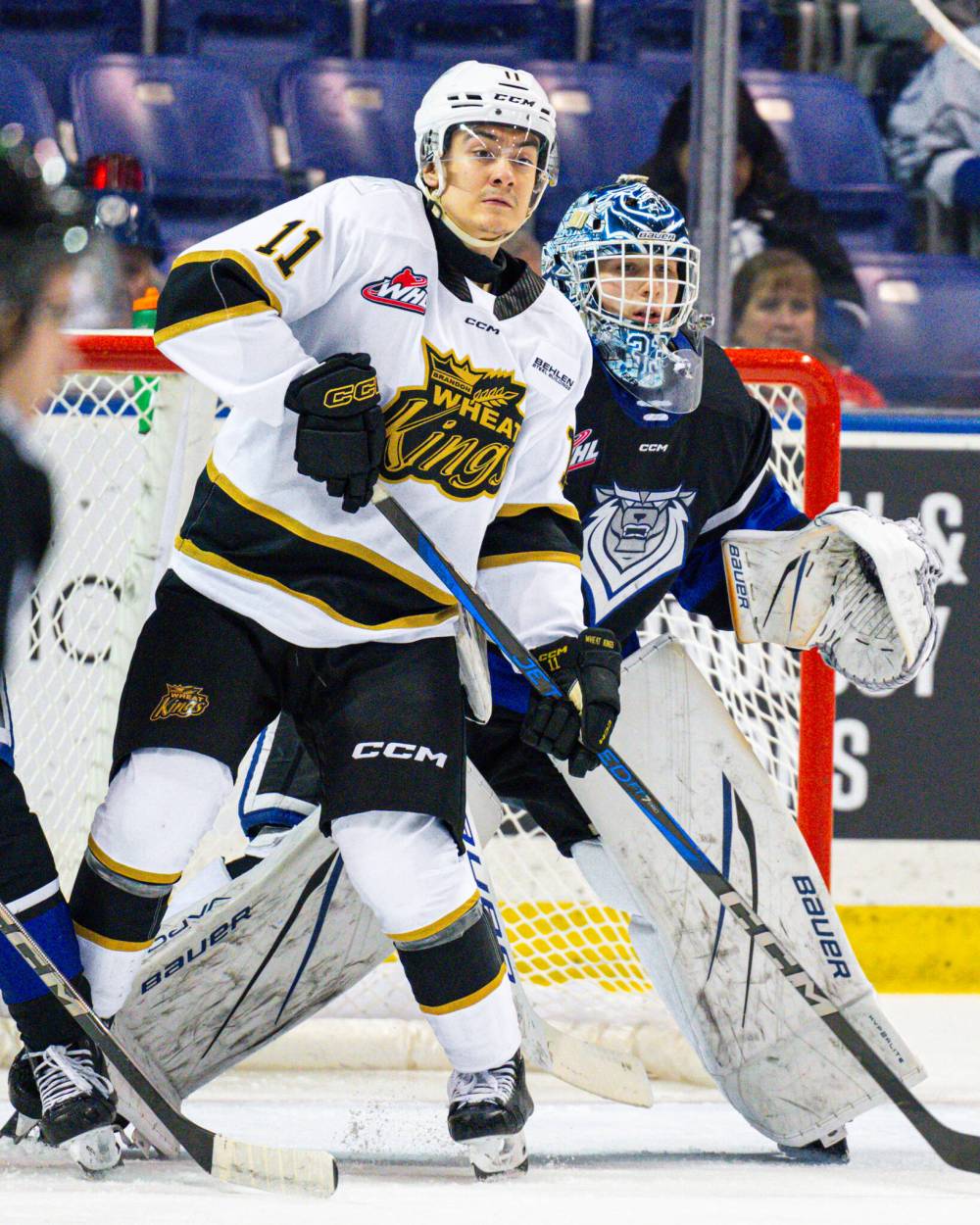 Brandon Wheat Kings forward Jordan Gavin stands in front of Victoria Royals goalie Jayden Kraus during Brandon's 5-4 victory at Save-On-Foods Memorial Arena on Jan. 15. (Gord Rufh/Victoria Royals)