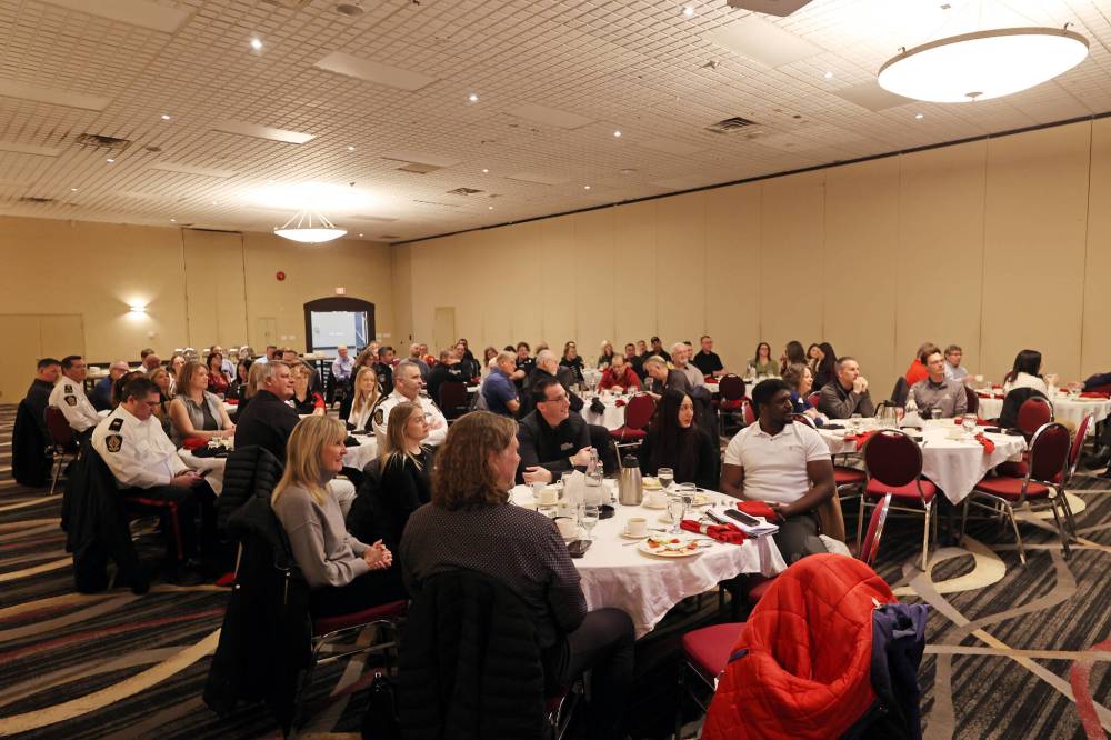 Guests attend a luncheon hosted by Brandon Crime Stoppers at the Victoria Inn on Wednesday. The organization works closely with the Brandon Police Service, sponsors and members of the public to aid policing efforts in Brandon. The luncheon’s attendees included law enforcement and city officials, including many of the organization’s partners and fundraising sponsors. (David P. Stein/The Brandon Sun)