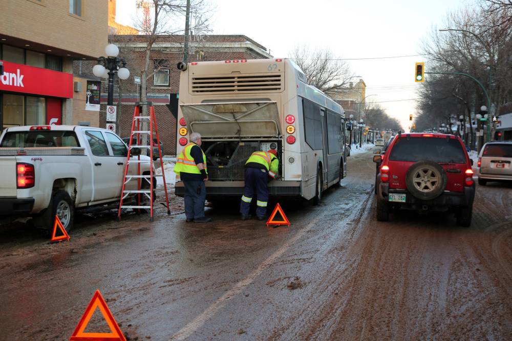 A Brandon Transit bus’s unexpected break down in the middle of Rosser Avenue on Wednesday afternoon caused a traffic snarl in the city’s downtown core. The stalled bus was being attended to at 5 p.m., blocking off one lane of traffic on the busy thoroughfare. A staff personnel said the bus just “shut off.” The city’s bus fleet has been a subject of discussion and council attention for years, with riders often complaining about delayed and inadequate bus service. In January 2024, the city’s manager of transit services said roughly half of the city’s buses remained out of commission on almost a third of the days of operation. Continuing discussions about bus repairs and route modifications have been on the council’s docket ever since. The City of Brandon’s 2025 budget proposes to allocate $222,000 for transit enhancements, including for an onboard surveillance system for the city’s buses, a smart app that allows riders to track buses, and other replacements. It also intends to set aside $19.6 million for Fleet Services projects, including refurbishing 15 transit buses, replacing police vehicles, airport equipment, firefighting equipment and additional heavy-duty and off-road equipment including graders, loaders and other vehicles. (Connor McDowell/The Brandon Sun)