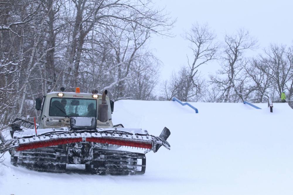 Grooming machines build approaches and landings in and out of features like rails, which are built in B.C. before being placed on hills like Holiday Mountain for freestyle riders to complete tricks on. (Matt Packwood/The Brandon Sun)