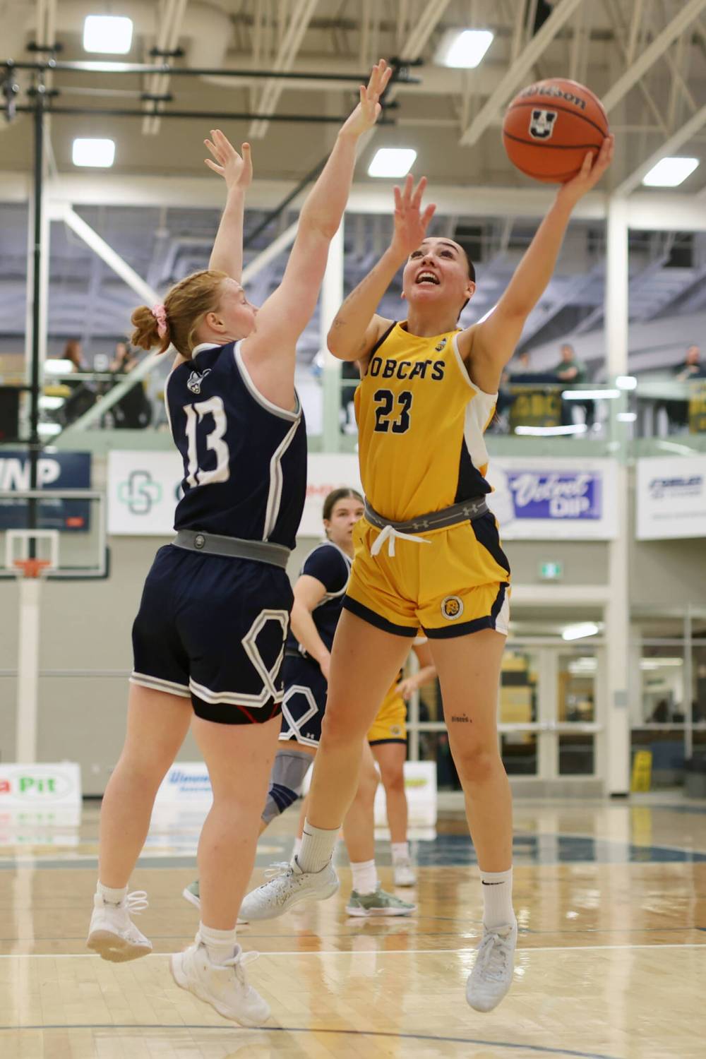 Faith Clearsky takes a contested shot as MRU’s Jamie Lalor attempts to block. (Tim Smith/The Brandon Sun)