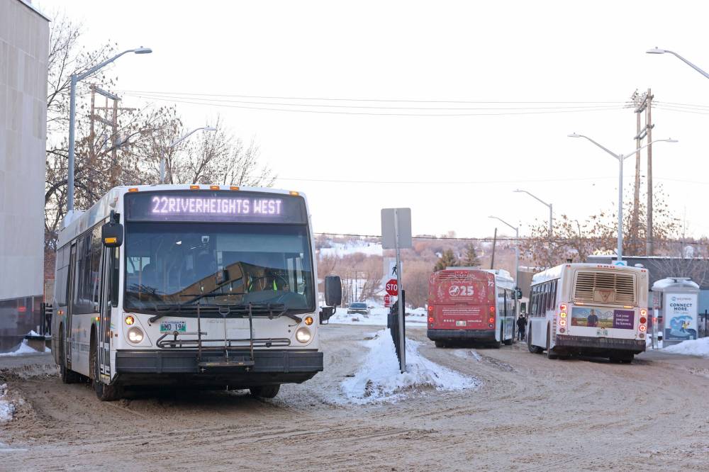 Brandon Transit buses seen at the downtown terminal located between Rosser Avenue and Pacific Avenue on Friday. (Tim Smith/The Brandon Sun)