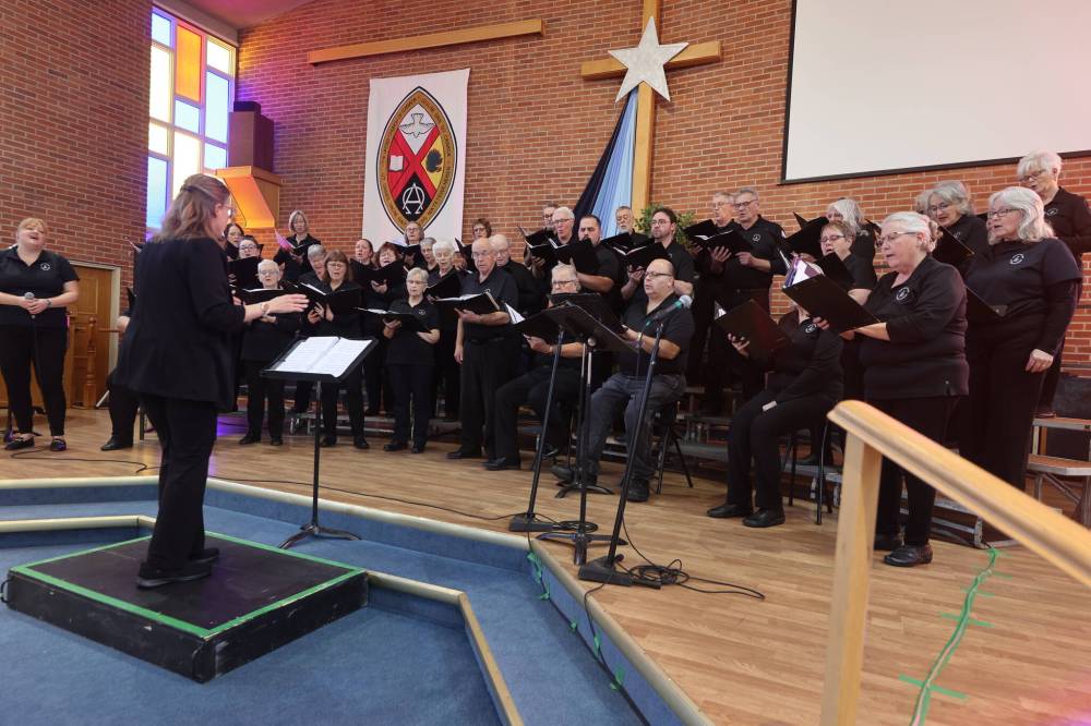 The Strathclair Theatre Chorus performs ‘Some Nights’ during the group’s concert held at the Knox United Church Saturday afternoon. Planning committee chair Barry McNabb says the group’s efforts reflect the enduring importance of community engagement in the arts, ensuring that rural Manitoba continues to have spaces to celebrate creativity and connection. (Abiola Odutola/The Brandon Sun)