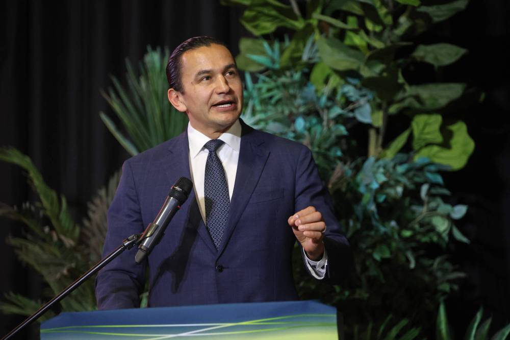 Manitoba Premier Wab Kinew speaks during the dignitaries address at Manitoba Ag Days on Tuesday. Provincial Agriculture Minister Ron Kostyshyn, David Beaudin — the Manitoba Métis Federation’s minister of agriculture and education — and Brandon Mayor Jeff Fawcett also spoke. (Tim Smith/The Brandon Sun)
