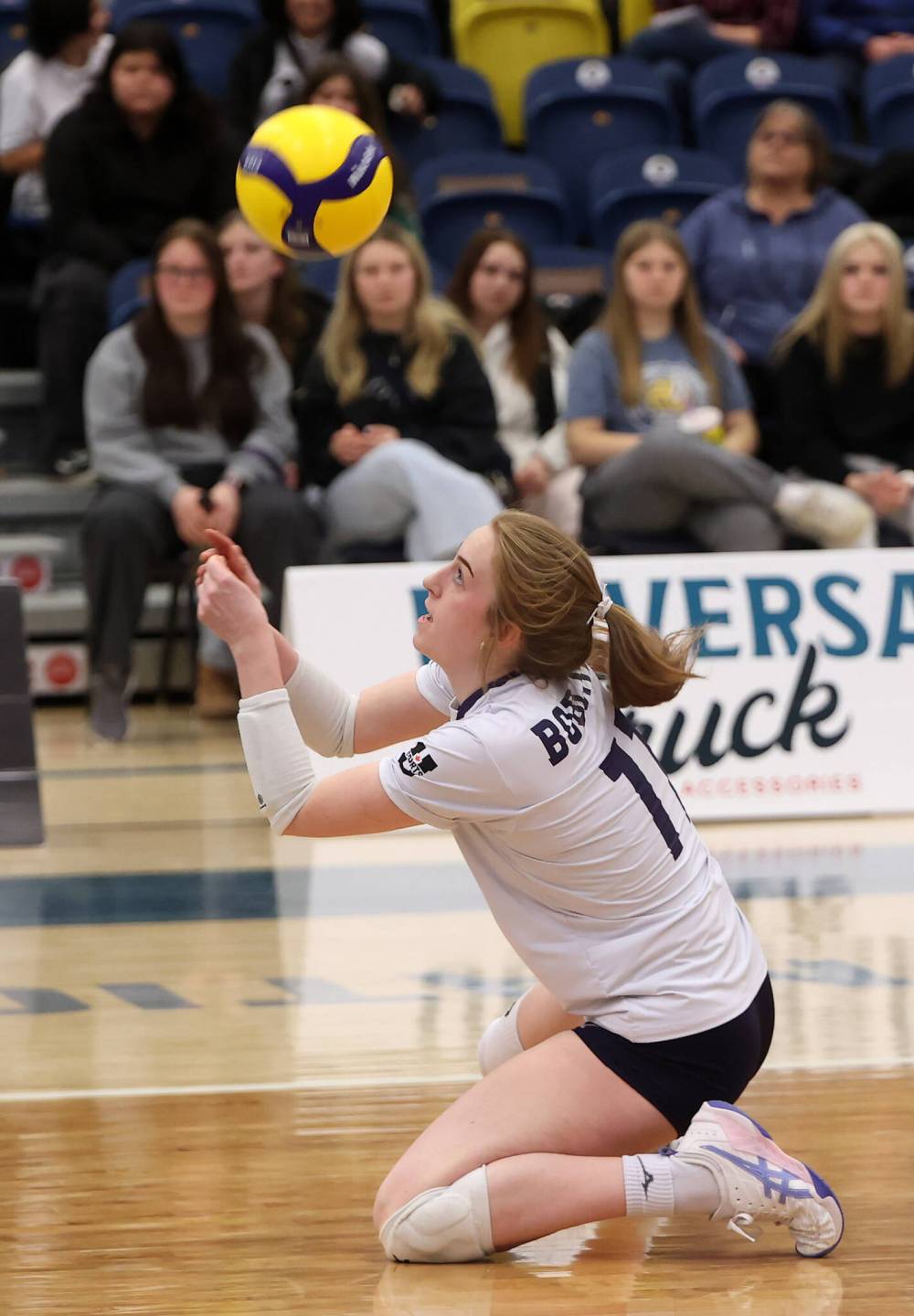 Carly Thomson of the Brandon University Bobcats digs the ball during university volleyball action against the University of Fraser Valley Cascades at the BU Healthy Living Centre on Friday evening. (Tim Smith/The Brandon Sun)