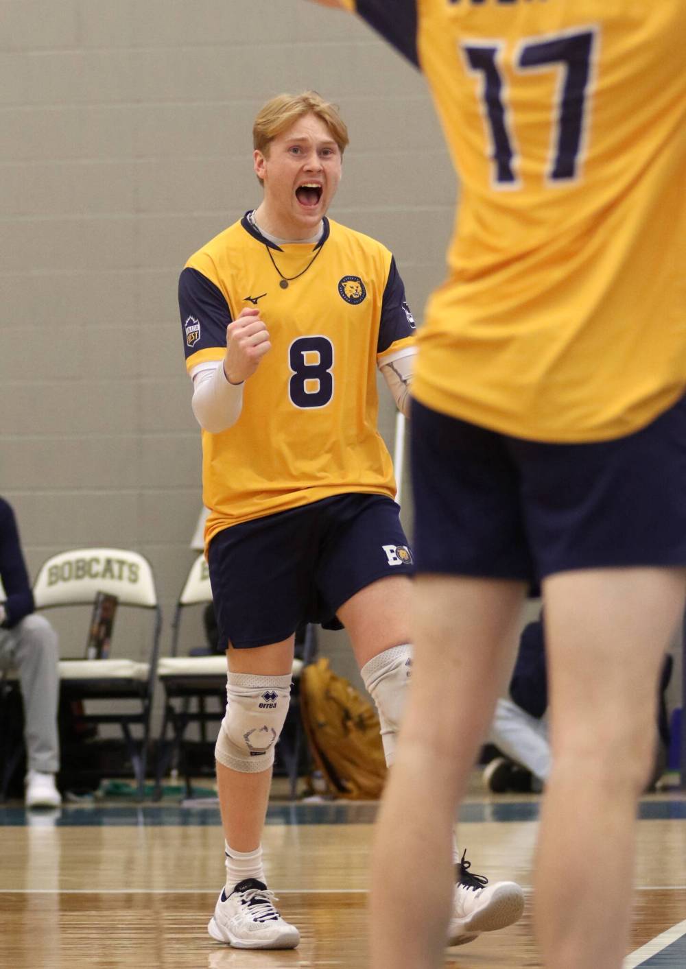 Kale Fisher celebrates a point as the Brandon University Bobcats beat the Fraser Valley Cascades in four sets in Canada West men's volleyball action at the Healthy Living Centre on Saturday. (Thomas Friesen/The Brandon Sun)