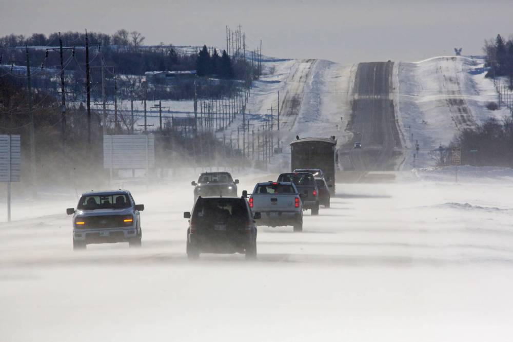 Blowing snow and icy road conditions slowed traffic along Highway 10 south of Brandon on Tuesday morning while temperatures rose above freezing for part of the day. Several roads south of Brandon were slippery and dangerous, and motorists are advised to be cautious while travelling in the region. Environment Canada’s forecast for today is calling for mainly cloudy skies with a daytime high of -2 C and wind up to 15 kilometres per hour. (Matt Goerzen/The Brandon Sun)