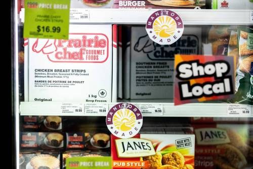 Manitoba Made tags placed throughout the Food Fare store on Maryland Avenue in Winnipeg encourage people to shop locally. (Mikaela MacKenzie/Winnipeg Free Press)