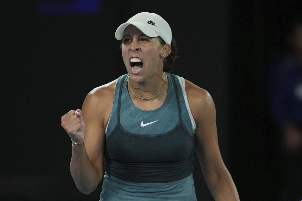 Madison Keys of the U.S. reacts during her women's singles final match against Aryna Sabalenka of Belarus at the Australian Open tennis championship in Melbourne, Australia, Saturday, Jan. 25, 2025. (AP Photo/Vincent Thian)